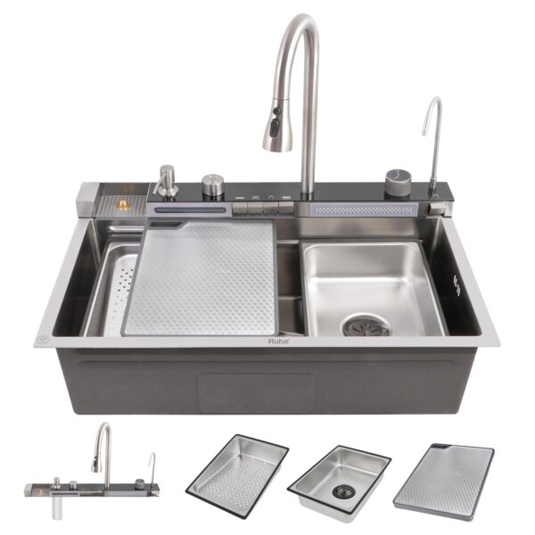 Piano Silver Smart Kitchen Sink with Waterfall | Digital Display | 30 x 18 x 9 Inches | Piano Key Controls | Pull-Out & RO Faucet | Automatic Cup Washer |  Stainless Steel Kitchen Sink - Image 4