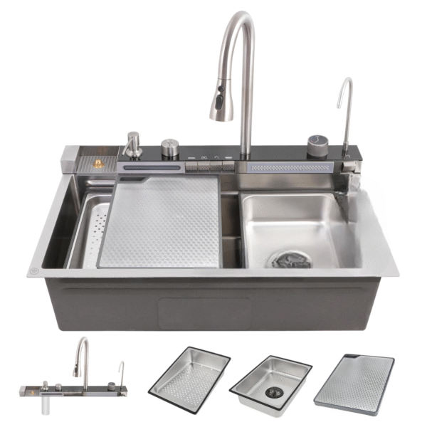Piano Silver Smart Kitchen Sink with Waterfall | Digital Display | 30 x 18 x 9 Inches | Piano Key Controls | Pull-Out & RO Faucet | Automatic Cup Washer |  Stainless Steel Kitchen Sink - Image 5