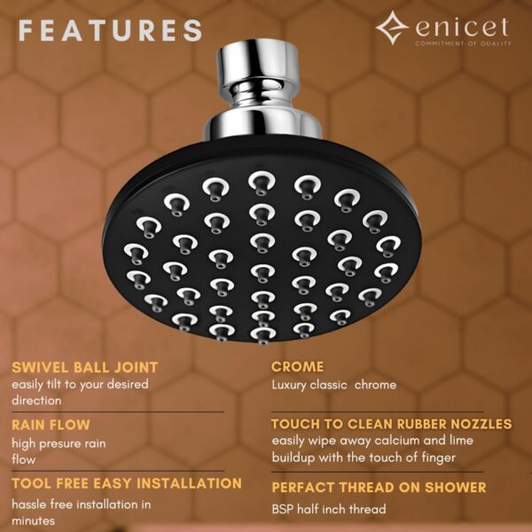 ENICET 4 Inch Rain Flow Shower Head for Bathroom, Durable ABS Plastic, Black Overhead Shower, Without Arm, Soft Rubber Nozzles, Round Shower, 1 Year Warranty (AE150) - Image 6