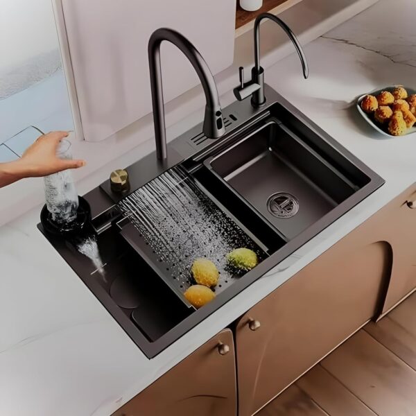 30 x18 x 9 inch Kitchen Sink with ANTI SCRATCH HONEYCOMB DESIGN Integrated Waterfall and Pull-down Faucet Set/Stainless Steel Basin Sinks with Cup washer and Drain Baskets - Image 2