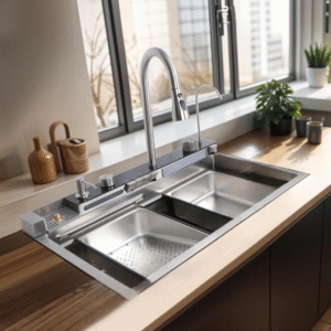 Piano Silver Smart Kitchen Sink with Waterfall | Digital Display | 30 x 18 x 9 Inches | Piano Key Controls | Pull-Out & RO Faucet | Automatic Cup Washer |  Stainless Steel Kitchen Sink