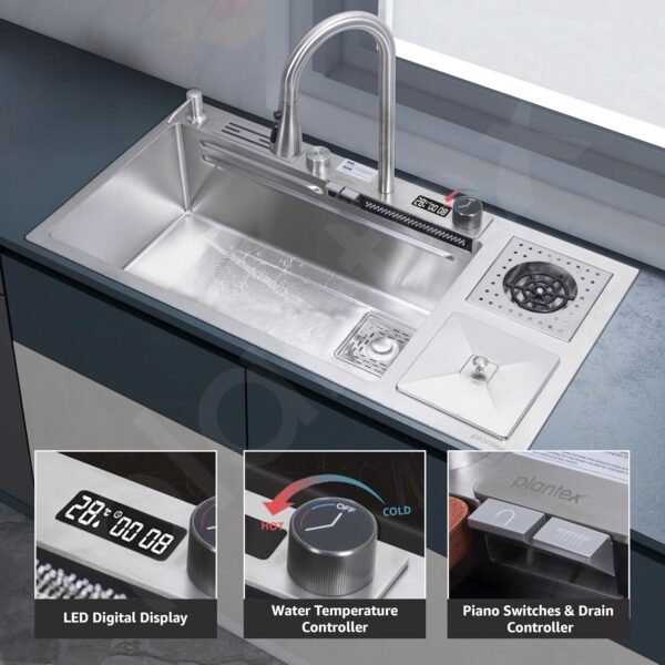Plantex Smart Waterfall Sink  Stainless Steel Kitchen Sink with Integrated Waterfall, Cupwasher, Dustbin and Digital Display - All in One Sink for Kitchen (38x18x9 Inch - Silver Matt) - Image 8