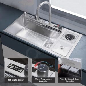 Plantex Smart Waterfall Sink  Stainless Steel Kitchen Sink with Integrated Waterfall, Cupwasher, Dustbin and Digital Display - All in One Sink for Kitchen (38x18x9 Inch - Silver Matt)