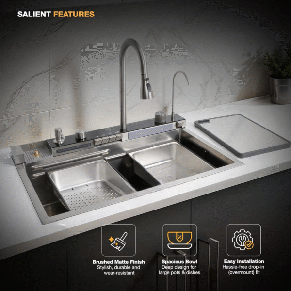 Piano Silver Smart Kitchen Sink with Waterfall | Digital Display | 30 x 18 x 9 Inches | Piano Key Controls | Pull-Out & RO Faucet | Automatic Cup Washer |  Stainless Steel Kitchen Sink - Image 2