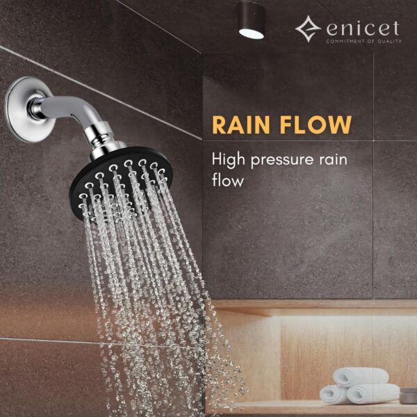 ENICET 4 Inch Rain Flow Shower Head for Bathroom, Durable ABS Plastic, Black Overhead Shower, Without Arm, Soft Rubber Nozzles, Round Shower, 1 Year Warranty (AE150) - Image 4