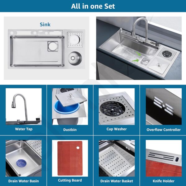 Plantex Smart Waterfall Sink  Stainless Steel Kitchen Sink with Integrated Waterfall, Cupwasher, Dustbin and Digital Display - All in One Sink for Kitchen (38x18x9 Inch - Silver Matt) - Image 6