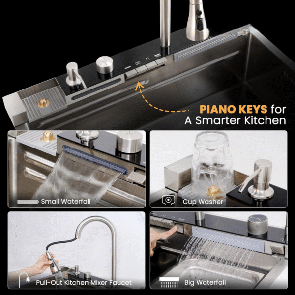 Piano Silver Smart Kitchen Sink with Waterfall | Digital Display | 30 x 18 x 9 Inches | Piano Key Controls | Pull-Out & RO Faucet | Automatic Cup Washer |  Stainless Steel Kitchen Sink - Image 8