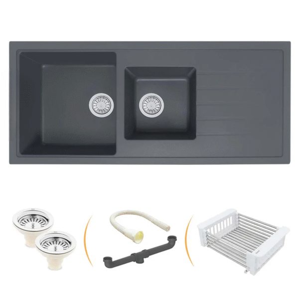 Smoke Grey Quartz Double Bowl with Drainboard Kitchen Sink (45 x 20 x 9 inches)