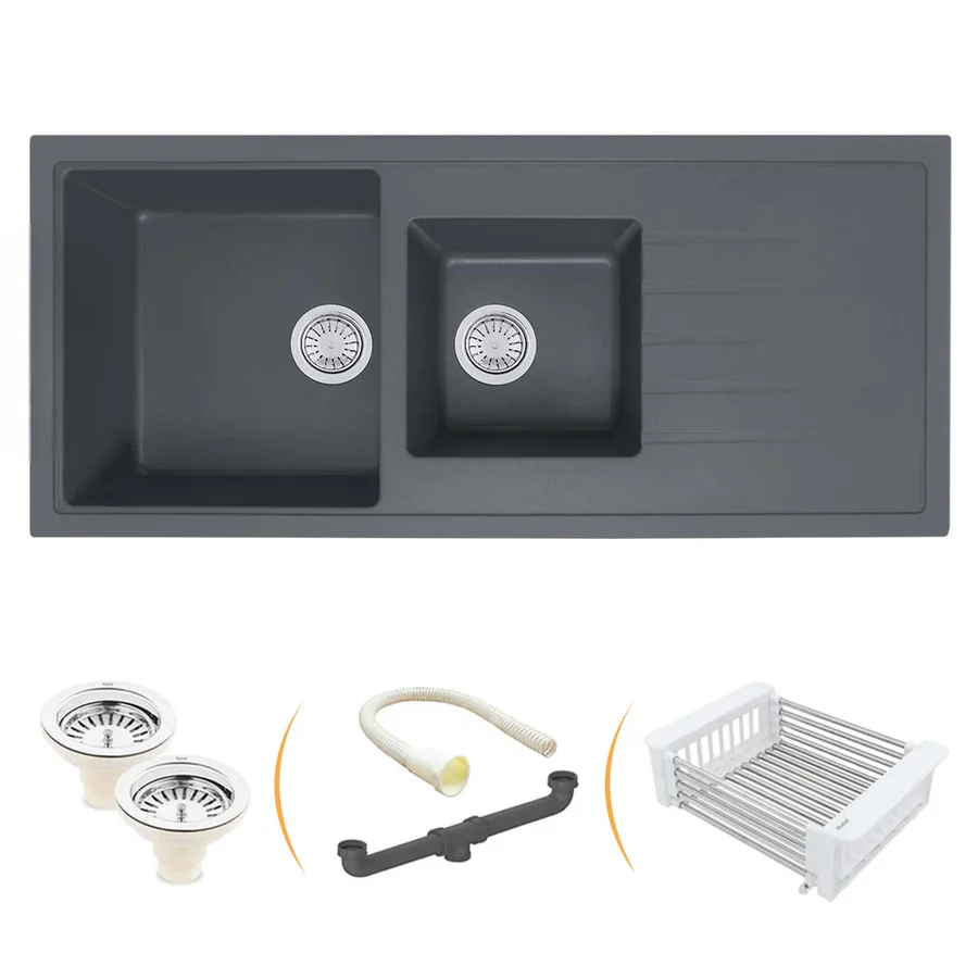 Smoke Grey Quartz Double Bowl with Drainboard Kitchen Sink (45 x 20 x 9 inches)