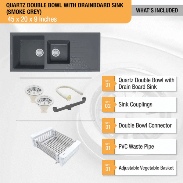 Smoke Grey Quartz Double Bowl with Drainboard Kitchen Sink (45 x 20 x 9 inches) - Image 4