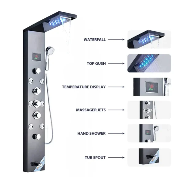 Stainless Steel Wall Mounted Bathroom Panel LED Rainfall Waterfall Shower Faucet - Image 2