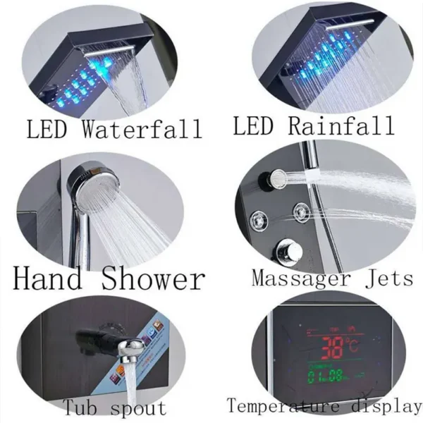 Stainless Steel Wall Mounted Bathroom Panel LED Rainfall Waterfall Shower Faucet - Image 4