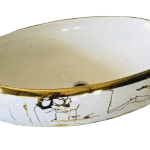 ceramic oval wash basin with a golden rim and marble